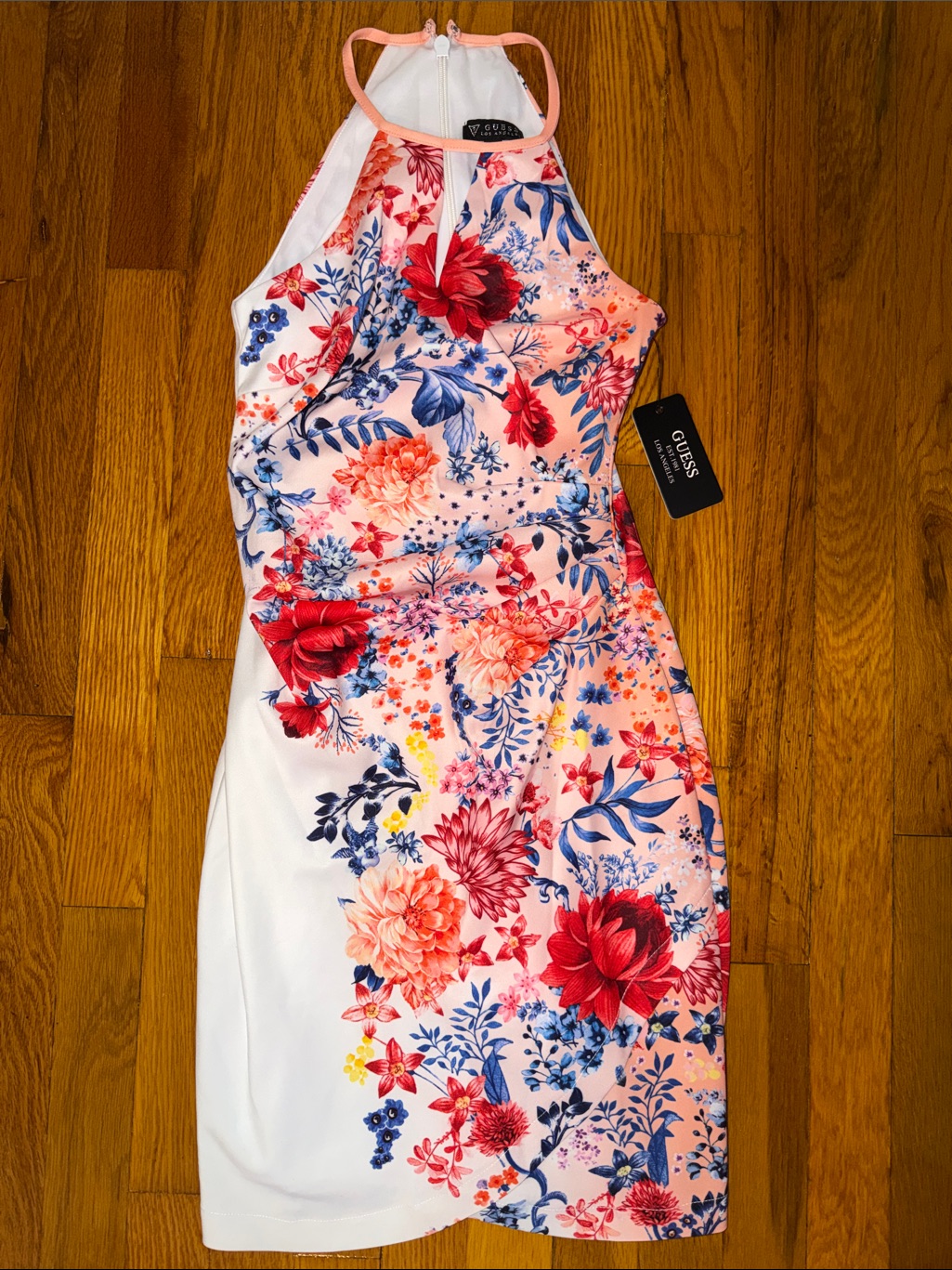 Guess Pink Floral Halter Midi Dress With Red & Blue Accents